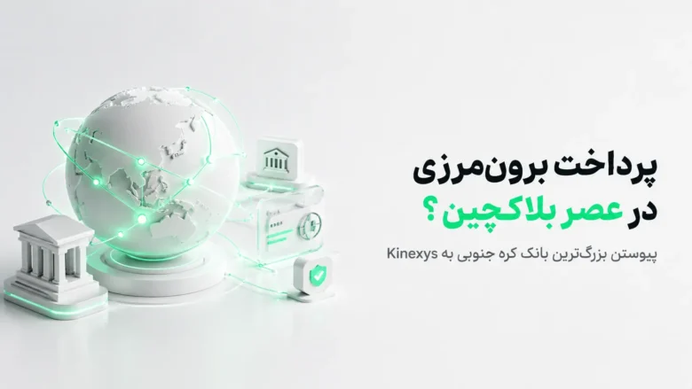 کره زمین سفید با خطوط سبز درخشان که نقاطی را به هم متصل می‌کنند، در کنار مدل‌های مینیاتوری ساختمان بانک و نمادهای امنیتی، با متنی.