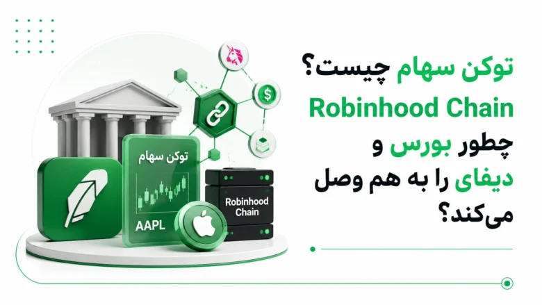 طرح سه‌بعدی لوگوی رابین‌هود، کارت توکن سهام AAPL و سرور Robinhood Chain برای مفهوم توکن سهام.